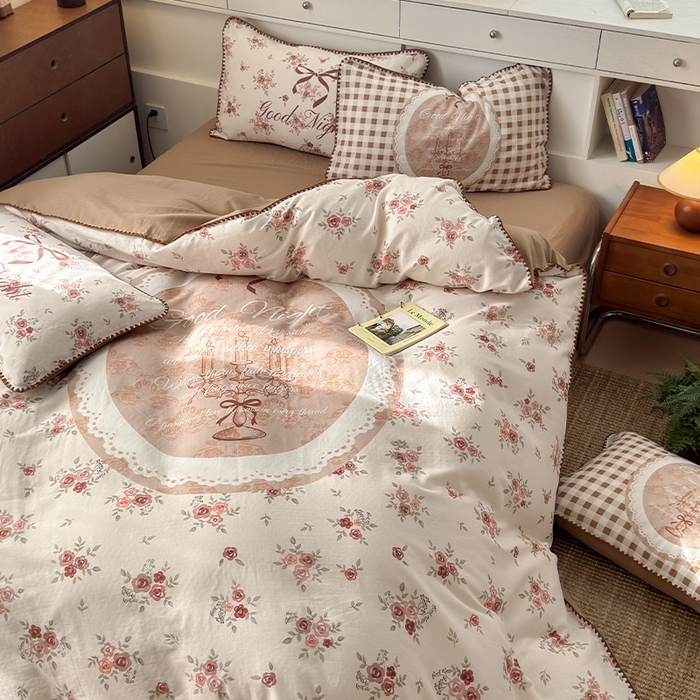 91家纺网 家纺一手货源 找家纺 RYB红黄兰 2025新款全棉大版双层纱贝壳边四件套 复古玫瑰