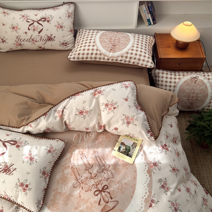 91家纺网 家纺一手货源 找家纺 RYB红黄兰 2025新款全棉大版双层纱贝壳边四件套 复古玫瑰