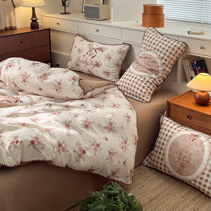 91家纺网 家纺一手货源 找家纺 RYB红黄兰 2025新款全棉大版双层纱贝壳边四件套 复古玫瑰