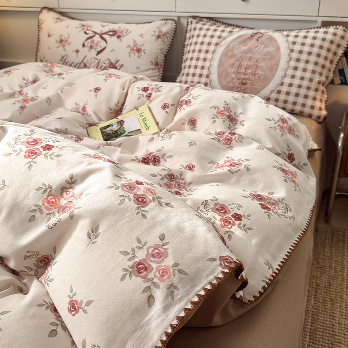 91家纺网 家纺一手货源 找家纺 RYB红黄兰 2025新款全棉大版双层纱贝壳边四件套 复古玫瑰