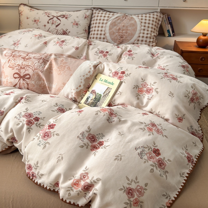 91家纺网 家纺一手货源 找家纺 RYB红黄兰 2025新款全棉大版双层纱贝壳边四件套 复古玫瑰