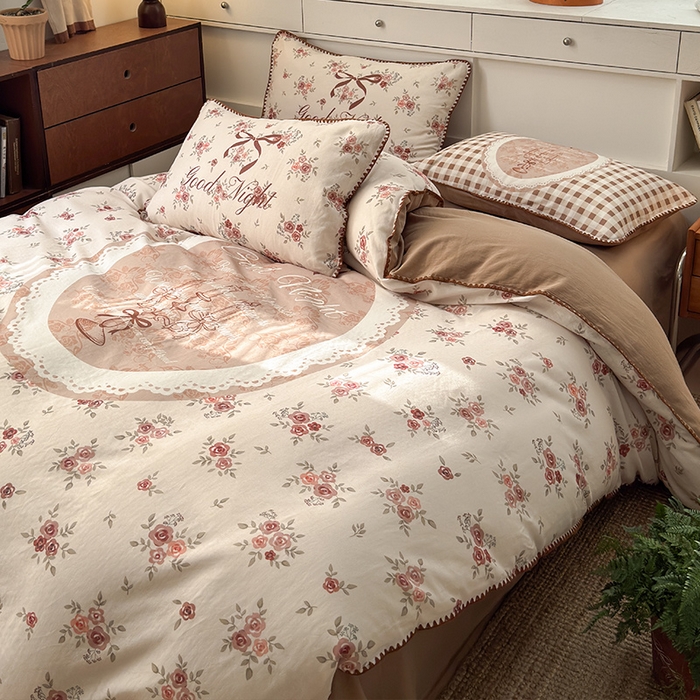 91家纺网 家纺一手货源 找家纺 RYB红黄兰 2025新款全棉大版双层纱贝壳边四件套 复古玫瑰