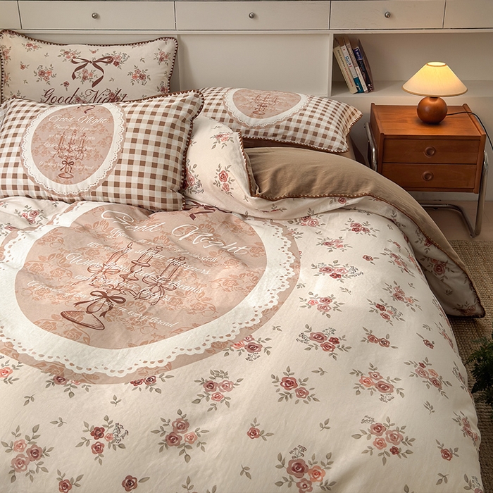 91家纺网 家纺一手货源 找家纺 RYB红黄兰 2025新款全棉大版双层纱贝壳边四件套 复古玫瑰