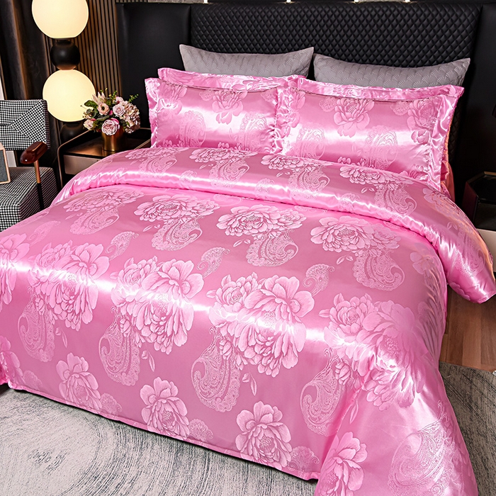 91家纺网 家纺一手货源 找家纺 优美 2025新款高克重贡缎提花四件套系列 花间飞舞-粉红