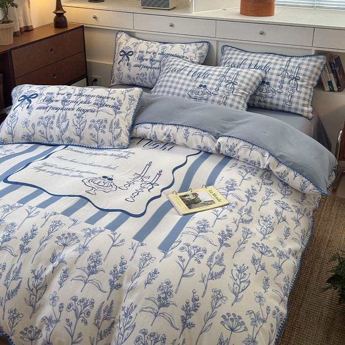 91家纺网 家纺一手货源 找家纺 RYB红黄兰 2025新款全棉大版双层纱贝壳边四件套 蓝调生活