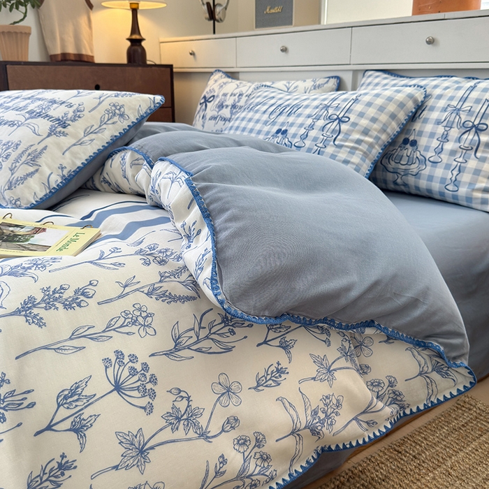 91家纺网 家纺一手货源 找家纺 RYB红黄兰 2025新款全棉大版双层纱贝壳边四件套 蓝调生活