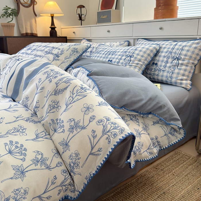 91家纺网 家纺一手货源 找家纺 RYB红黄兰 2025新款全棉大版双层纱贝壳边四件套 蓝调生活