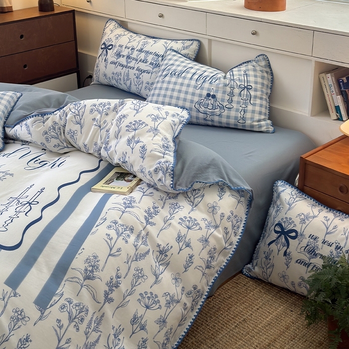 91家纺网 家纺一手货源 找家纺 RYB红黄兰 2025新款全棉大版双层纱贝壳边四件套 蓝调生活