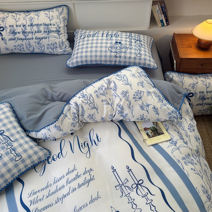 91家纺网 家纺一手货源 找家纺 RYB红黄兰 2025新款全棉大版双层纱贝壳边四件套 蓝调生活