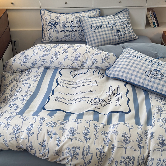 91家纺网 家纺一手货源 找家纺 RYB红黄兰 2025新款全棉大版双层纱贝壳边四件套 蓝调生活