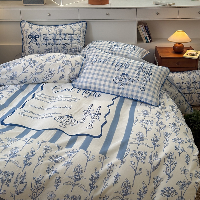 91家纺网 家纺一手货源 找家纺 RYB红黄兰 2025新款全棉大版双层纱贝壳边四件套 蓝调生活