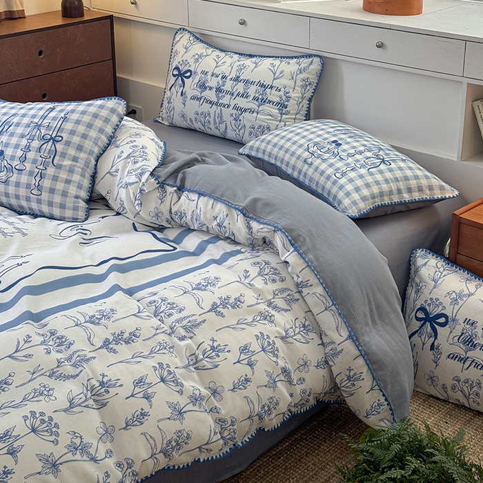 91家纺网 家纺一手货源 找家纺 RYB红黄兰 2025新款全棉大版双层纱贝壳边四件套 蓝调生活