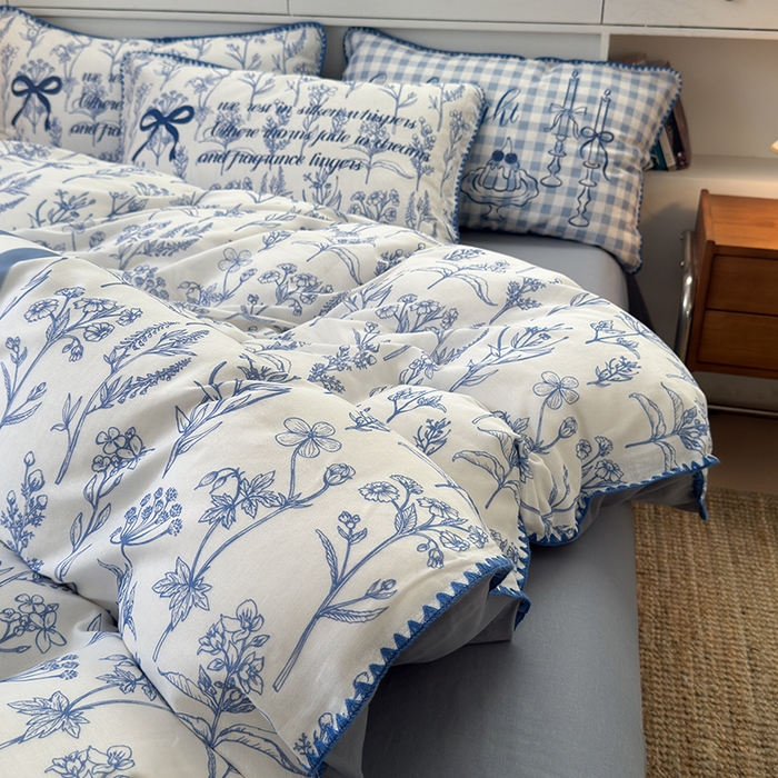 91家纺网 家纺一手货源 找家纺 RYB红黄兰 2025新款全棉大版双层纱贝壳边四件套 蓝调生活