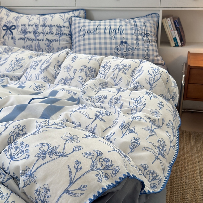 91家纺网 家纺一手货源 找家纺 RYB红黄兰 2025新款全棉大版双层纱贝壳边四件套 蓝调生活