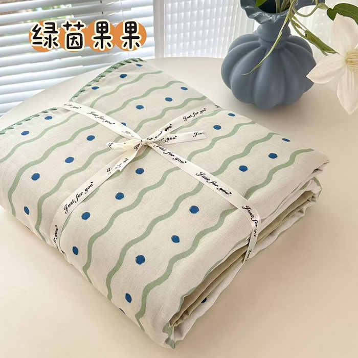 91家纺网 家纺一手货源 找家纺 RYB红黄兰 2025新款全棉大版双层纱贝壳边四件套 绿茵果果