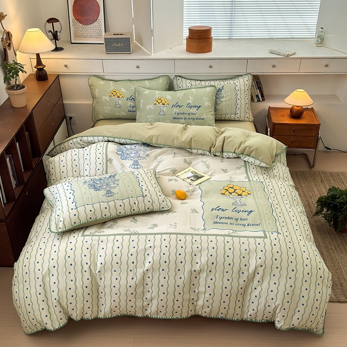 91家纺网 家纺一手货源 找家纺 RYB红黄兰 2025新款全棉大版双层纱贝壳边四件套 绿茵果果