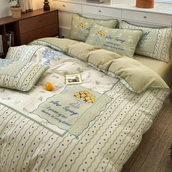 91家纺网 家纺一手货源 找家纺 RYB红黄兰 2025新款全棉大版双层纱贝壳边四件套 绿茵果果