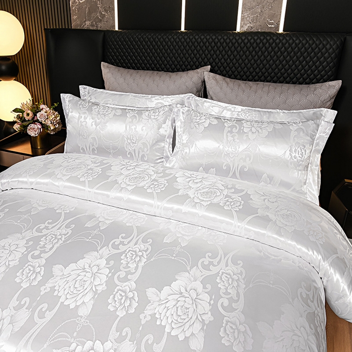 91家纺网 家纺一手货源 找家纺 优美 2025新款高克重贡缎提花四件套系列 花都绽放-漂白