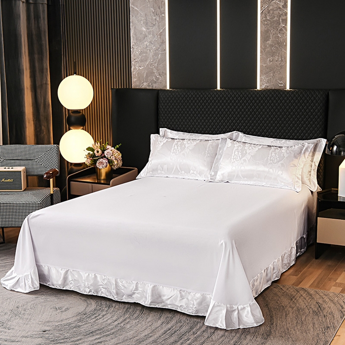 91家纺网 家纺一手货源 找家纺 优美 2025新款高克重贡缎提花四件套系列 花都绽放-漂白