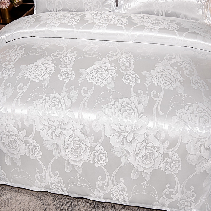 91家纺网 家纺一手货源 找家纺 优美 2025新款高克重贡缎提花四件套系列 花都绽放-漂白