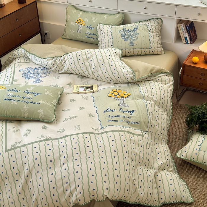 91家纺网 家纺一手货源 找家纺 RYB红黄兰 2025新款全棉大版双层纱贝壳边四件套 绿茵果果