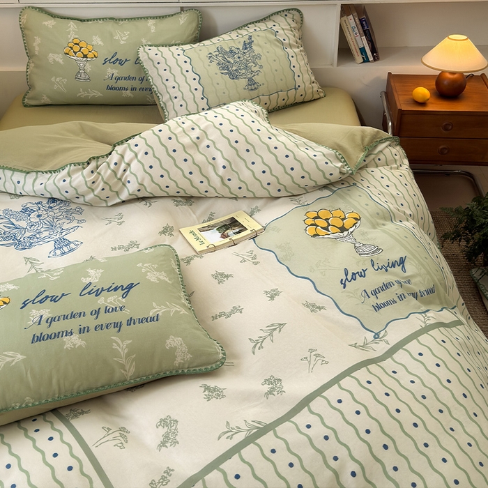 RYB红黄兰 2025新款全棉大版双层纱贝壳边四件套 绿茵果果