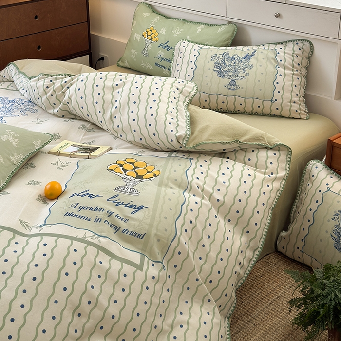 91家纺网 家纺一手货源 找家纺 RYB红黄兰 2025新款全棉大版双层纱贝壳边四件套 绿茵果果