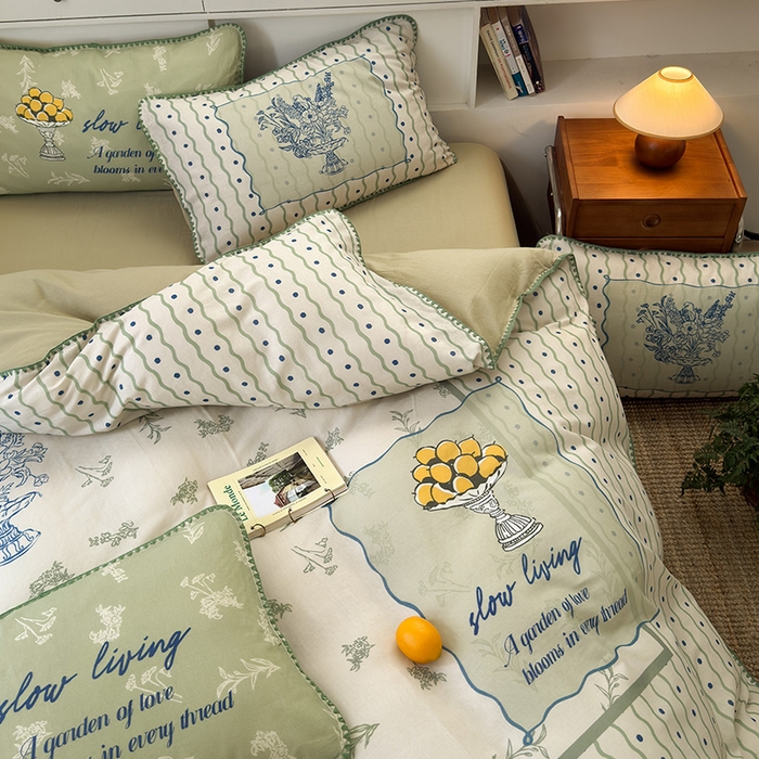 91家纺网 家纺一手货源 找家纺 RYB红黄兰 2025新款全棉大版双层纱贝壳边四件套 绿茵果果