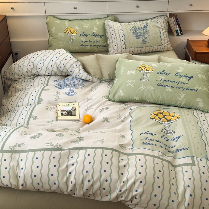 91家纺网 家纺一手货源 找家纺 RYB红黄兰 2025新款全棉大版双层纱贝壳边四件套 绿茵果果