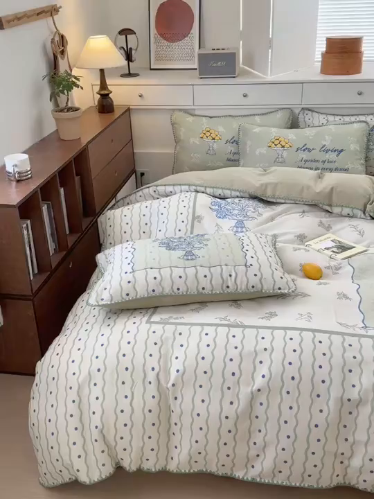 91家纺网 家纺一手货源 找家纺 RYB红黄兰 2025新款全棉大版双层纱贝壳边四件套 绿茵果果