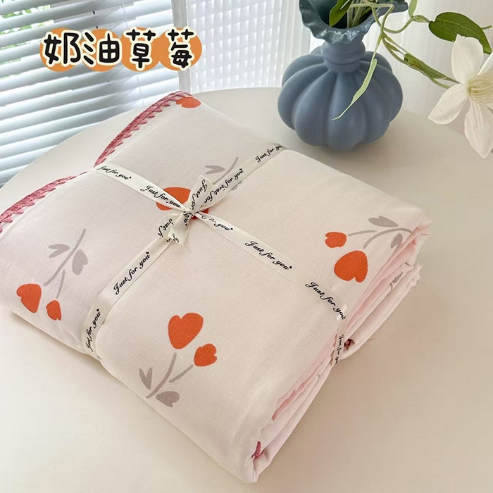 91家纺网 家纺一手货源 找家纺 RYB红黄兰 2025新款全棉大版双层纱贝壳边四件套 奶油草莓