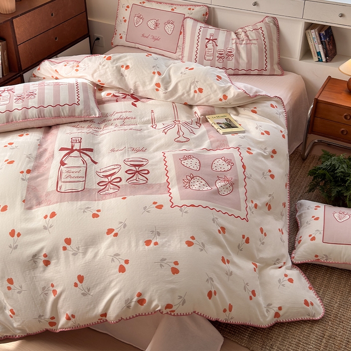 91家纺网 家纺一手货源 找家纺 RYB红黄兰 2025新款全棉大版双层纱贝壳边四件套 奶油草莓