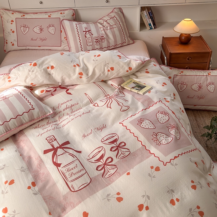 RYB红黄兰 2025新款全棉大版双层纱贝壳边四件套 奶油草莓