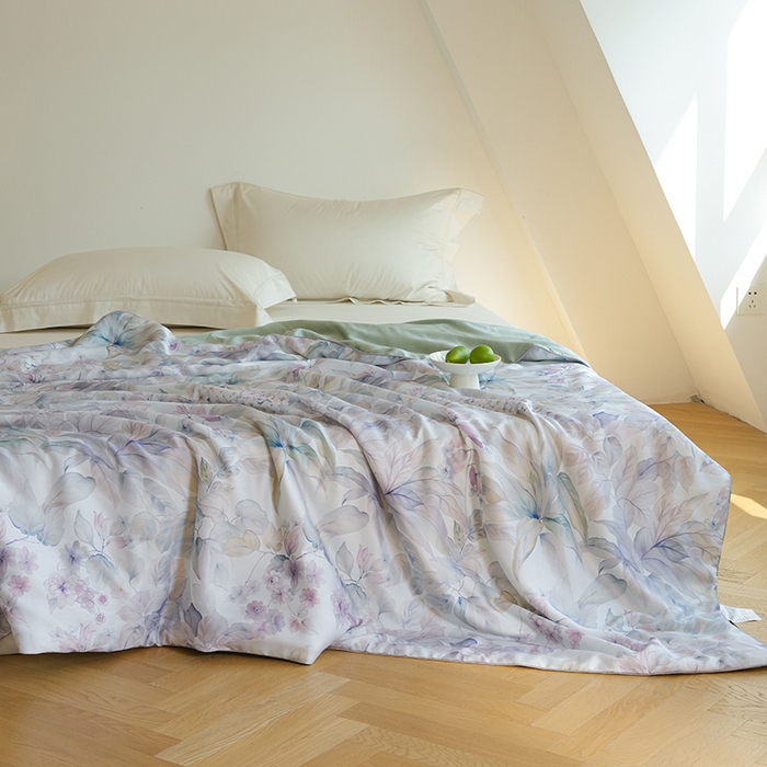 91家纺网 家纺一手货源 找家纺 禾时 2025新款60支奥地利进口兰精天丝数码印花夏被空调被夏凉被薄被子 清妍-紫