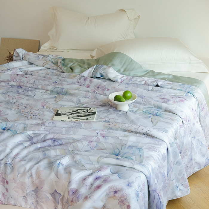 91家纺网 家纺一手货源 找家纺 禾时 2025新款60支奥地利进口兰精天丝数码印花夏被空调被夏凉被薄被子 清妍-紫