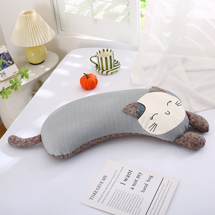 蔻眠 2025可爱猫-凉感丝荞麦护颈枕头儿童卡通枕芯 灰色 30x65cm