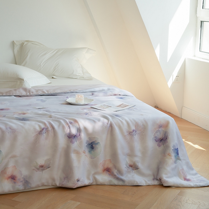 91家纺网 家纺一手货源 找家纺 禾时 2025新款60支奥地利进口兰精天丝数码印花夏被空调被夏凉被薄被子 夏芷-浅紫