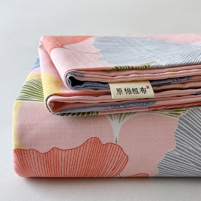 91家纺网 家纺一手货源 找家纺 红日子纺织品 2025新款直播热卖原棉提花锻条老粗布印花床单三件套 银杏叶