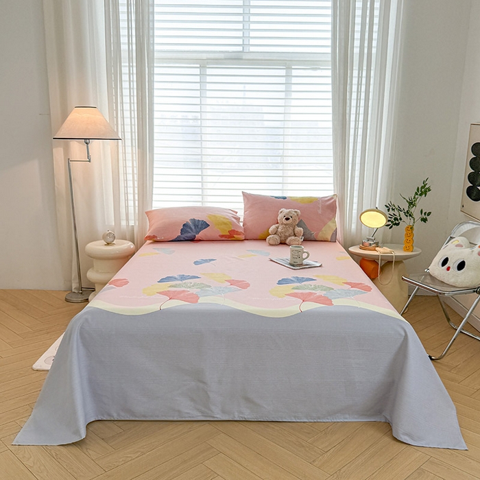 91家纺网 家纺一手货源 找家纺 红日子纺织品 2025新款直播热卖原棉提花锻条老粗布印花床单三件套 银杏叶