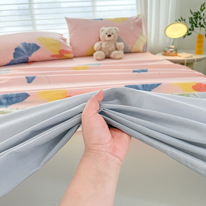 91家纺网 家纺一手货源 找家纺 红日子纺织品 2025新款直播热卖原棉提花锻条老粗布印花床单三件套 银杏叶