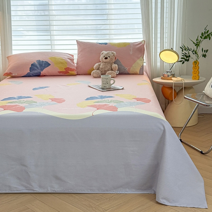 91家纺网 家纺一手货源 找家纺 红日子纺织品 2025新款直播热卖原棉提花锻条老粗布印花床单三件套 银杏叶