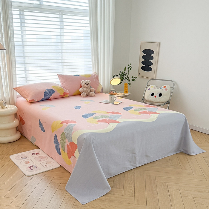 91家纺网 家纺一手货源 找家纺 红日子纺织品 2025新款直播热卖原棉提花锻条老粗布印花床单三件套 银杏叶