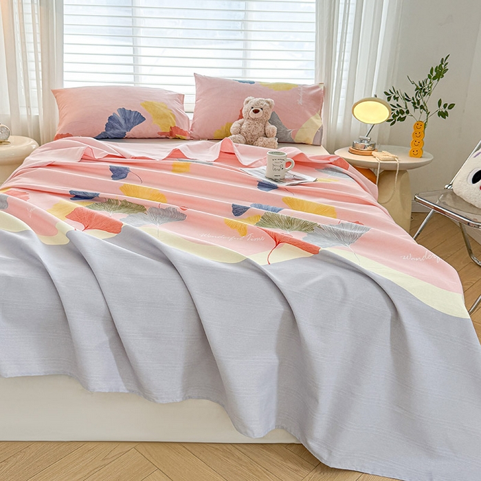 91家纺网 家纺一手货源 找家纺 红日子纺织品 2025新款直播热卖原棉提花锻条老粗布印花床单三件套 银杏叶