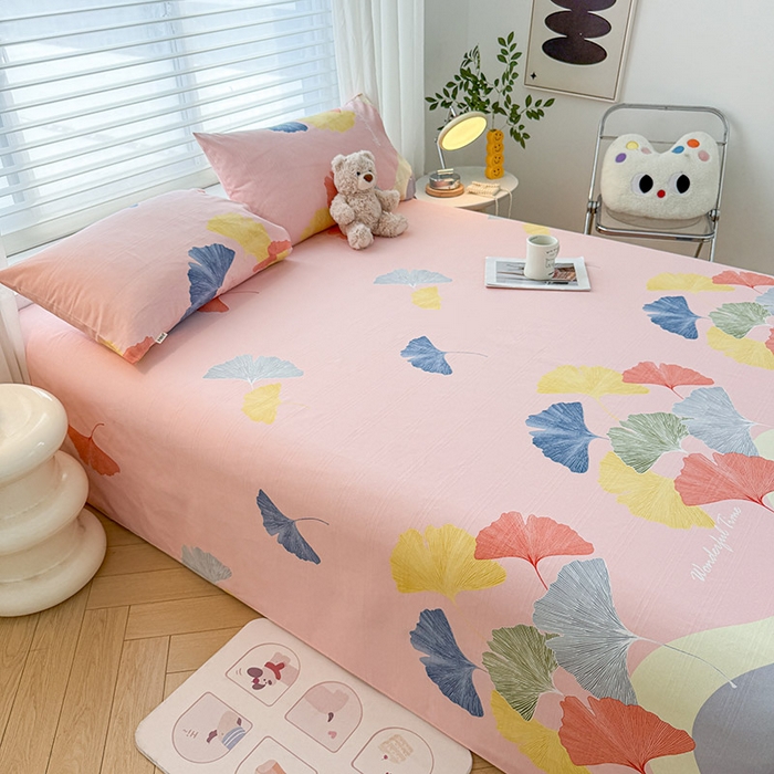 91家纺网 家纺一手货源 找家纺 红日子纺织品 2025新款直播热卖原棉提花锻条老粗布印花床单三件套 银杏叶