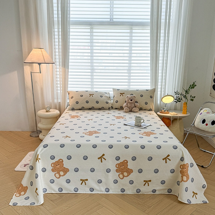 91家纺网 家纺一手货源 找家纺 红日子纺织品 2025新款直播热卖原棉提花锻条老粗布印花床单三件套 欢乐熊