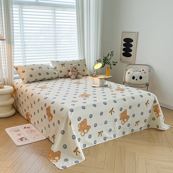 91家纺网 家纺一手货源 找家纺 红日子纺织品 2025新款直播热卖原棉提花锻条老粗布印花床单三件套 欢乐熊