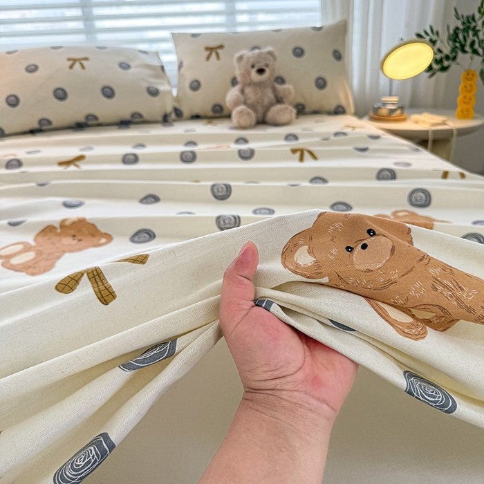 91家纺网 家纺一手货源 找家纺 红日子纺织品 2025新款直播热卖原棉提花锻条老粗布印花床单三件套 欢乐熊