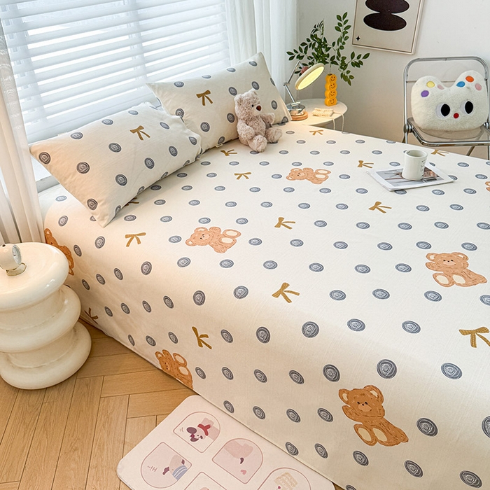 91家纺网 家纺一手货源 找家纺 红日子纺织品 2025新款直播热卖原棉提花锻条老粗布印花床单三件套 欢乐熊