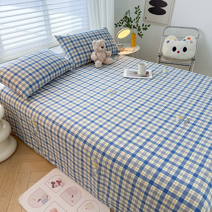 91家纺网 家纺一手货源 找家纺 红日子纺织品 2025新款直播热卖原棉提花锻条老粗布印花床单三件套 蓝格