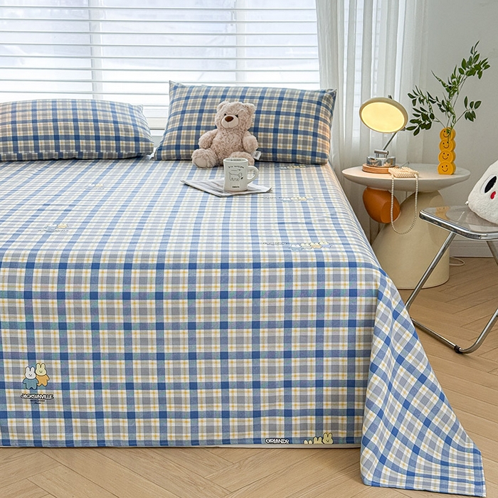 91家纺网 家纺一手货源 找家纺 红日子纺织品 2025新款直播热卖原棉提花锻条老粗布印花床单三件套 蓝格